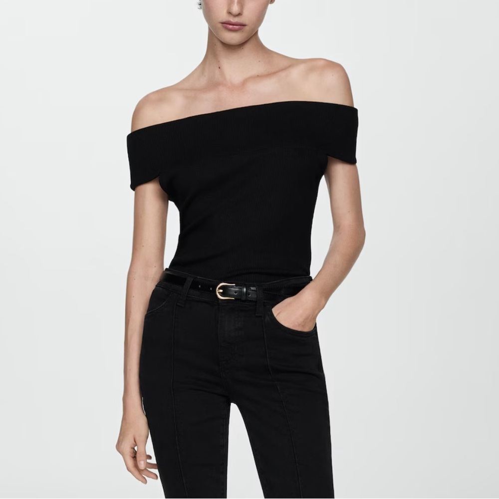 Mango Black Ribbed Off-Shoulder Crop Top